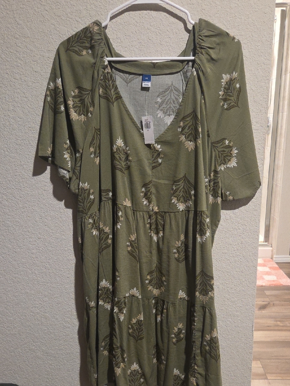 Old Navy Olive Green Floral V-Neck Tiered Midi Dress 2XL